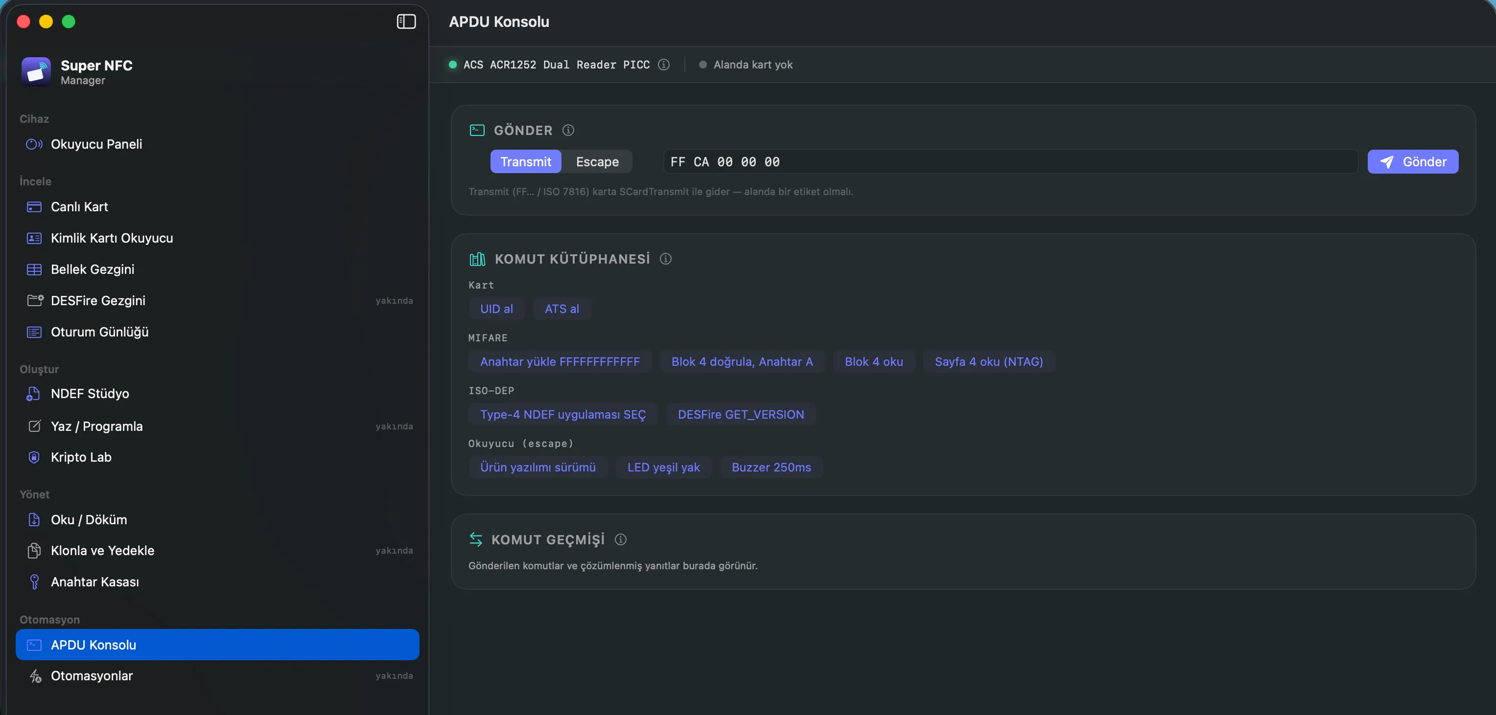 Interfaz de Super NFC Manager con el explorador de memoria de la tarjeta y la consola APDU